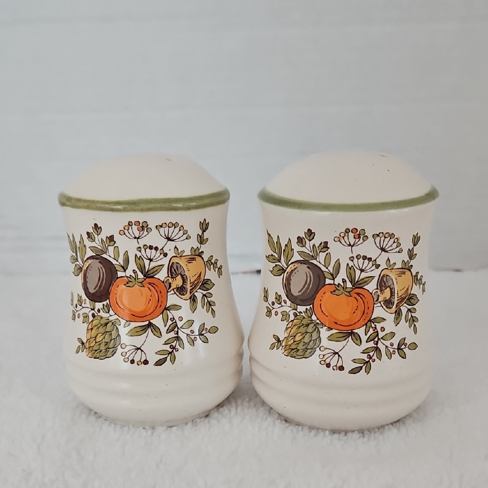 Vintage Spice of Life Cream Green Rim Ceramic Salt & Pepper Shakers Japan